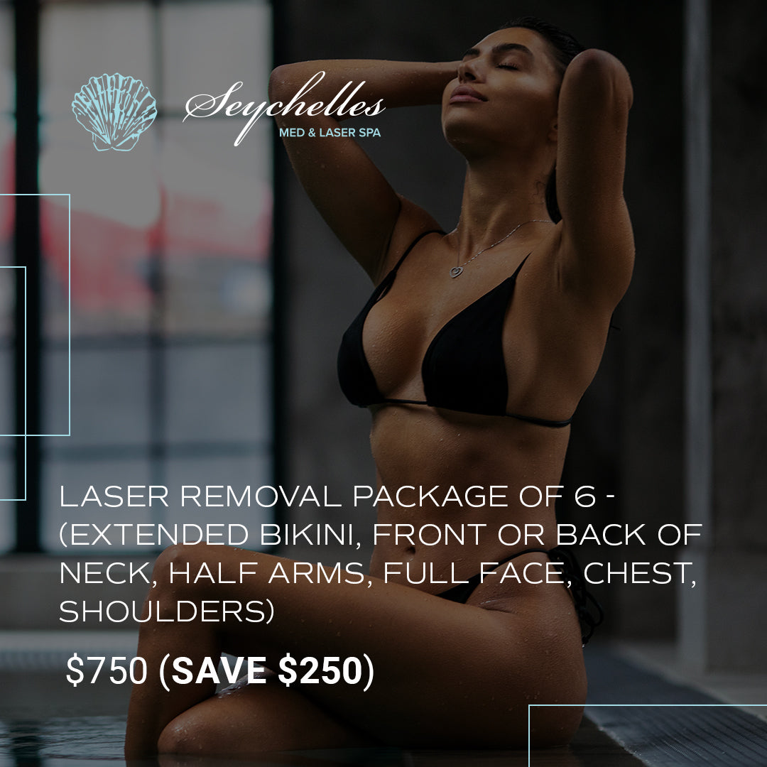 Laser Removal Package of 6 - Medium Area (Extended Bikini, Front or Back of Neck, Half Arms, Full Face, Chest, Shoulders)